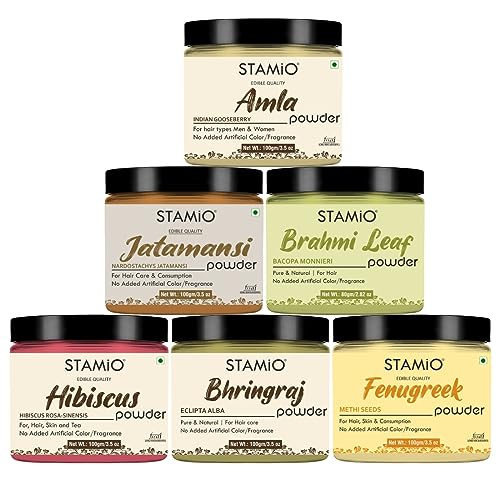 STAMIO Hair Care 6 Products Combo - Jatamansi Brahmi Hibiscus Bhringraj Fenugreek Amla Powder for Mask, Pack, Anti-Dandruff, Shine | Natural Powders Kit | In Jar 580 gm (100gm X 5 + 80gm) - Image 1
