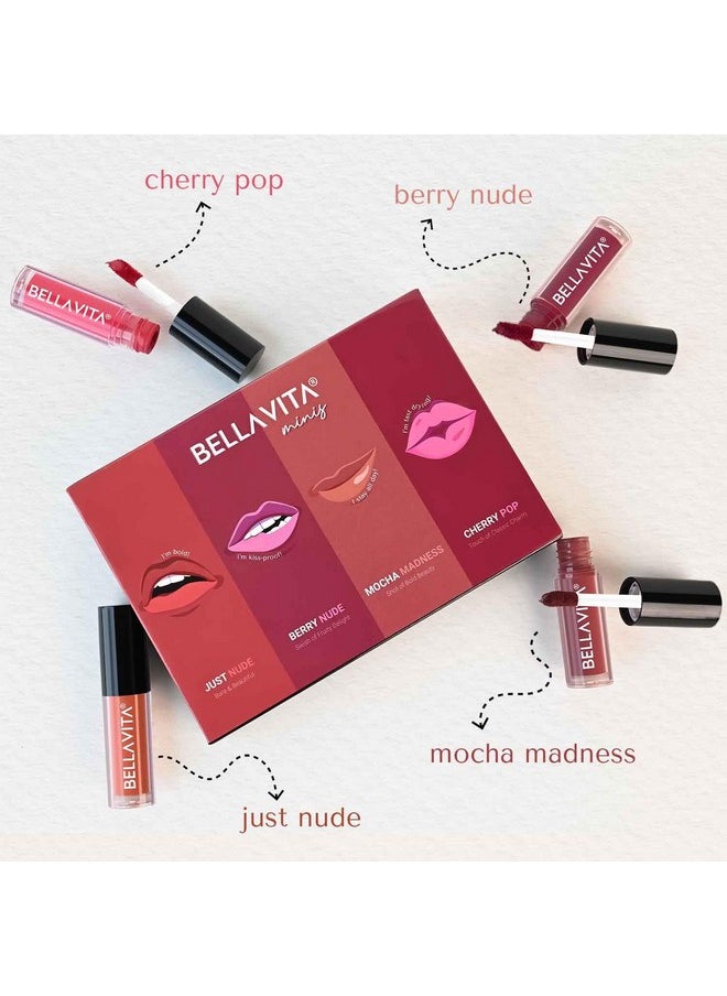 Bella Vita Organic - Bellavita Mini Kiss Proof Liquid Lipstick Gift Set Of 4 X 2Ml | Smudge & Transfer-Proof | Intense Moisturisation | Just Nude + Berry Nude + Mocha Madness + Cherry Pop | Lipsticks For Women | Lipstick Gift Set | Lipstick Combo Set - Image 1