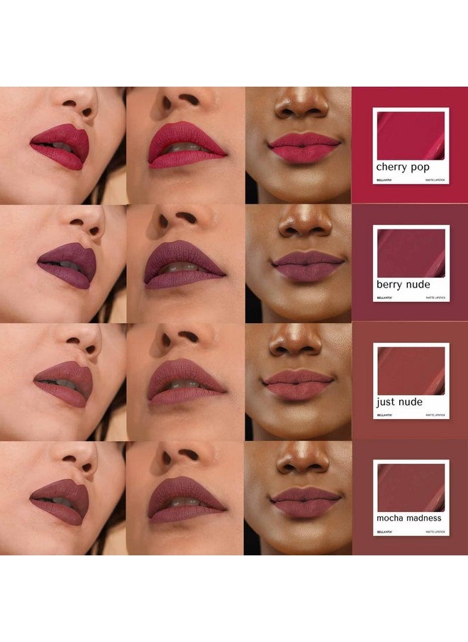 Bella Vita Organic - Bellavita Mini Kiss Proof Liquid Lipstick Gift Set Of 4 X 2Ml | Smudge & Transfer-Proof | Intense Moisturisation | Just Nude + Berry Nude + Mocha Madness + Cherry Pop | Lipsticks For Women | Lipstick Gift Set | Lipstick Combo Set - Image 1