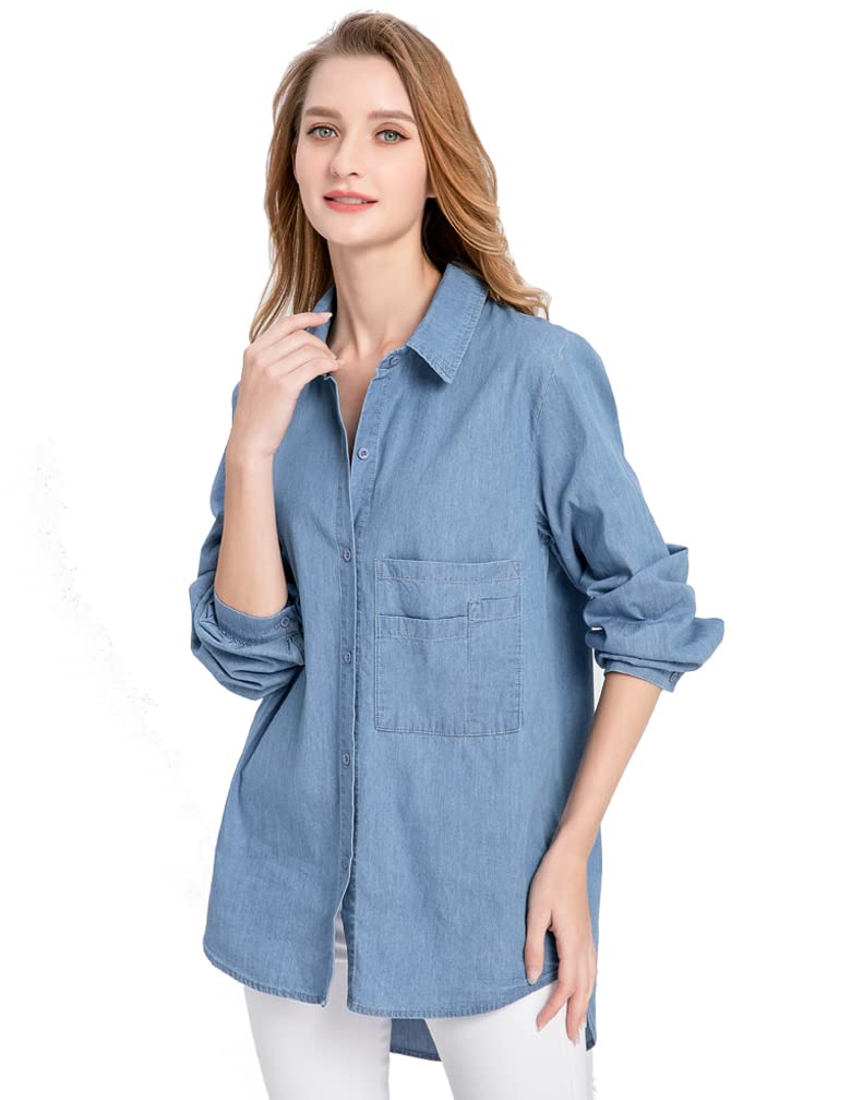 Minibee Women's Casual Cotton Linen Blouse Plus Size High Low Shirt Long Sleeve Tops Denim Blue - Image 2