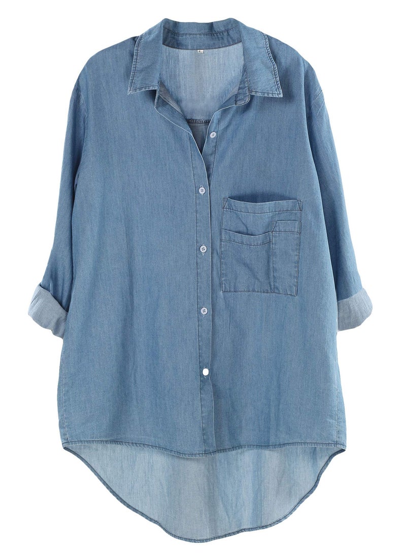 Minibee Women's Casual Cotton Linen Blouse Plus Size High Low Shirt Long Sleeve Tops Denim Blue - Image 1