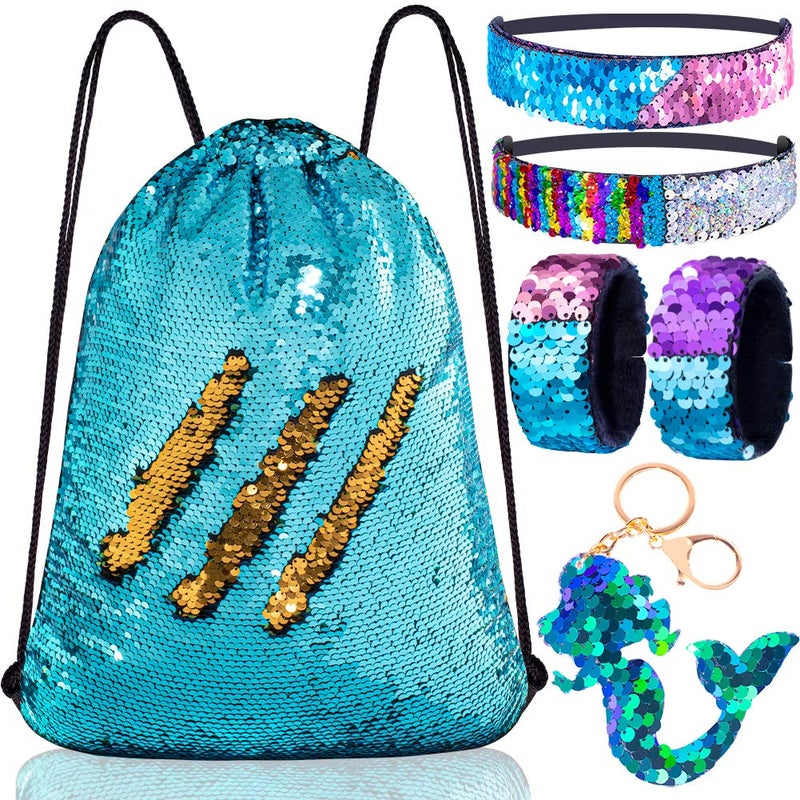GA&EN GAEN Mermaid Reversible Sequin Drawstring BackpackBag BlueGold for Kids Girls One_Size - Image 2