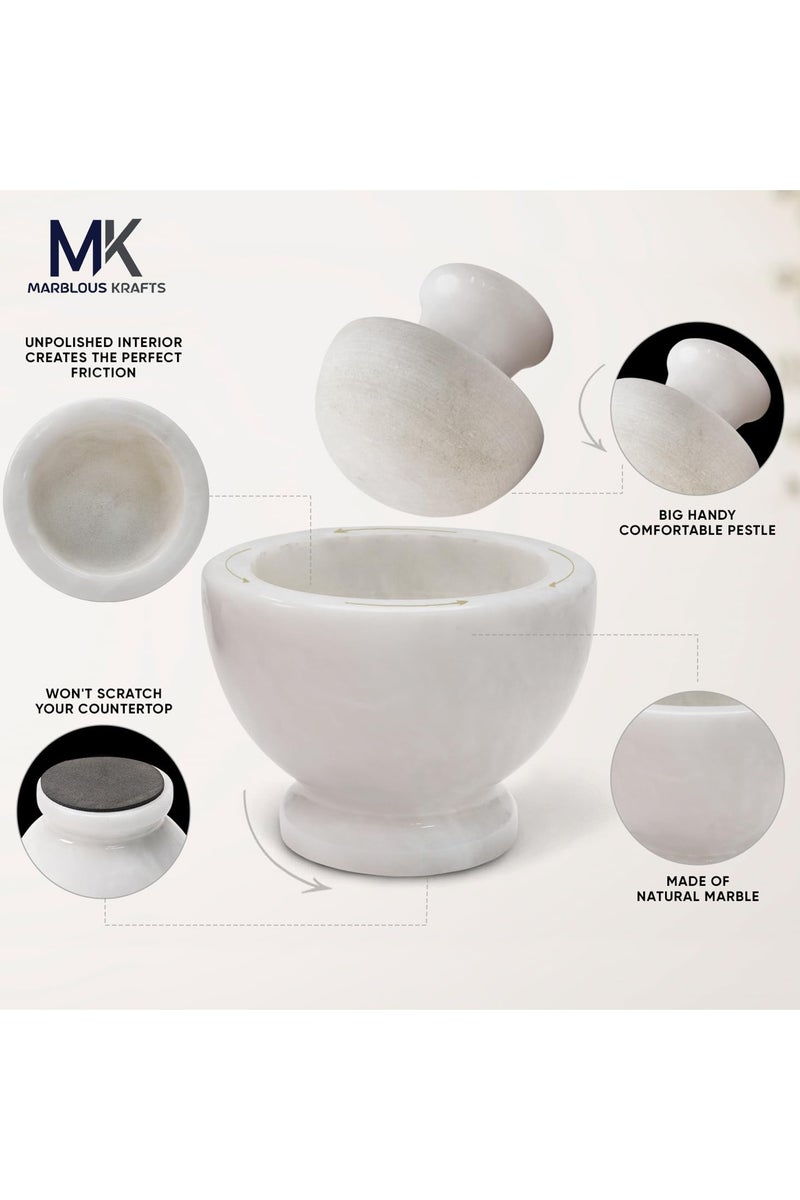 MARBLOUS KRAFTS طقم هاون ومدقة من الرخام الأبيض مصنوع يدويًا، 3.5 بوصة، وعاء لطحن الأعشاب والتوابل، مطحنة يدوية لأدوات المطبخ، مثالي للطبخ والطحن والاستخدام المنزلي أو كهدية - Image 4