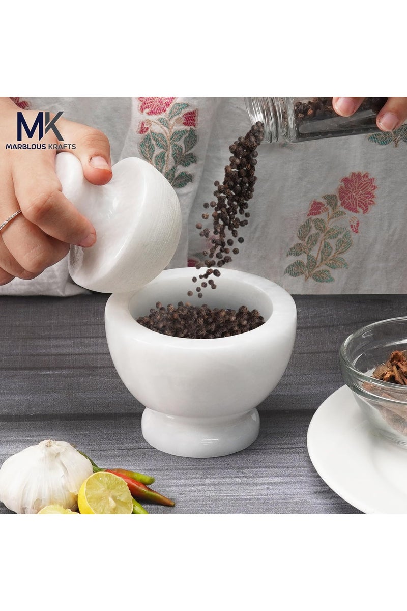 MARBLOUS KRAFTS طقم هاون ومدقة من الرخام الأبيض مصنوع يدويًا، 3.5 بوصة، وعاء لطحن الأعشاب والتوابل، مطحنة يدوية لأدوات المطبخ، مثالي للطبخ والطحن والاستخدام المنزلي أو كهدية - Image 5