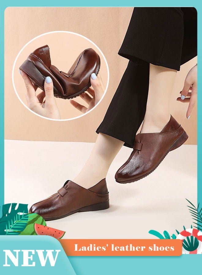 حذاء نسائي مسطح من الجلد الطبيعي ذو جودة عالية | تصميم دائري للمقدمة وعميق | حذاء مريح للأمهات بنعل لين مضاد للانزلاق - Image 4