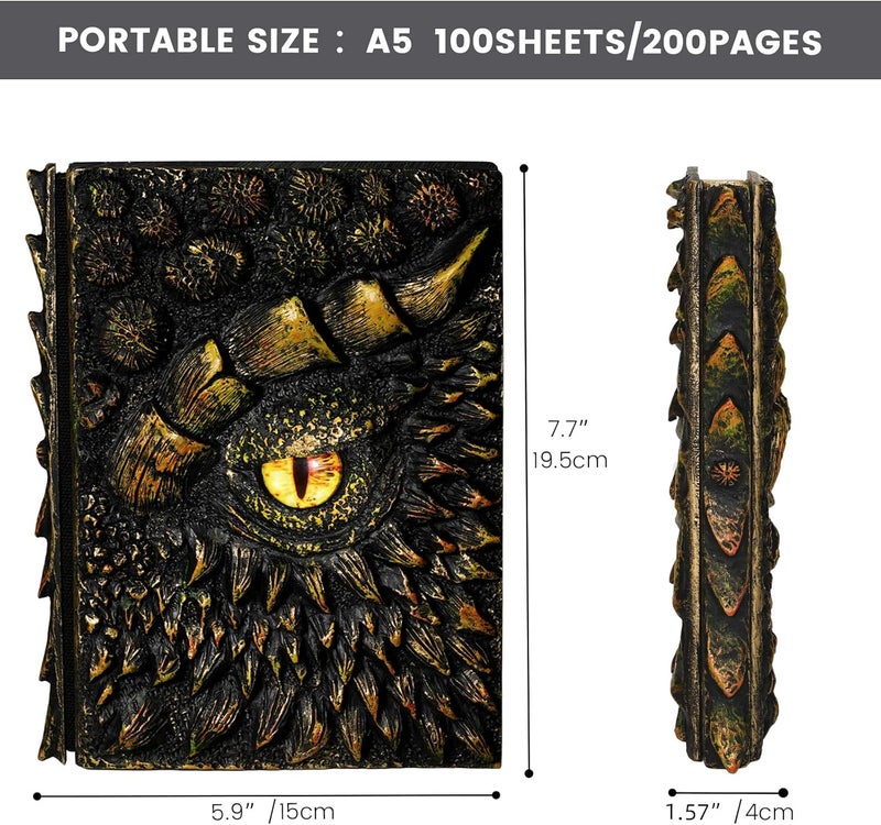 molshine A5 (7.3" x 5.1") 3D Dragon Embossed Journal,Resin Engraving Notebook,Retro Diary,100 Sheets Blank Paper,Hardcover Travel Notepad for Writing,Sketchbook,Collection,Gift,Decoration (Gold) - Image 2