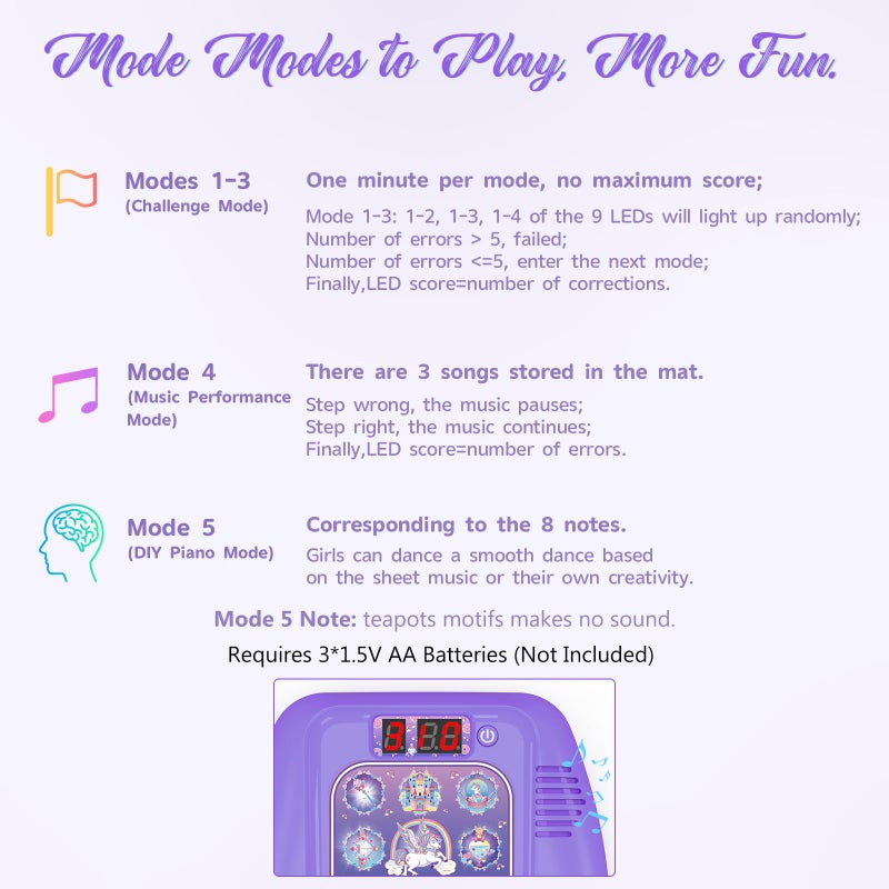 GirlsHome Dance Mat - Unicorn Toys for Girls Electronic Dance Pad with 5 Game Modes, Built-In Music, Touch Sensitive Light Up LED Kids Musical Mat, Christmas & Birthday Gift for Toddler Girls 3-12 - Image 4