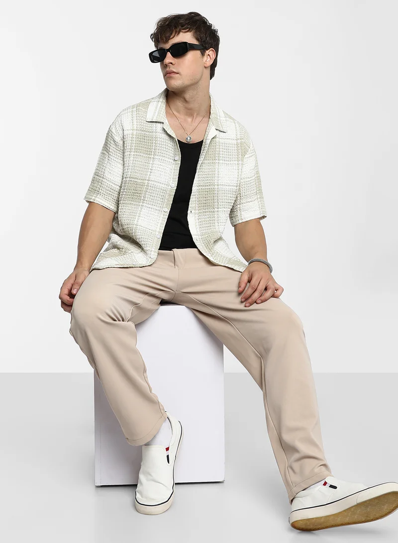Campus Sutra Men's Greige Ivory White Buffalo Check Oversized Shirt