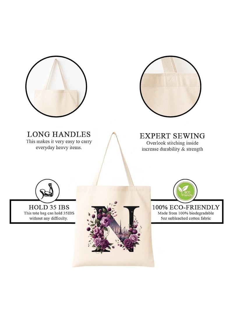 برينت شوب فور مي حقيبة تسوق صديقة للبيئة بنقشة أحرف أولية - حقيبة تسوق قماشية بطبعة زهور وأفق دبي | هدية قابلة لإعادة الاستخدام لإشبينة العروس، هدايا زفاف، حقيبة حمل يومية - Image 4