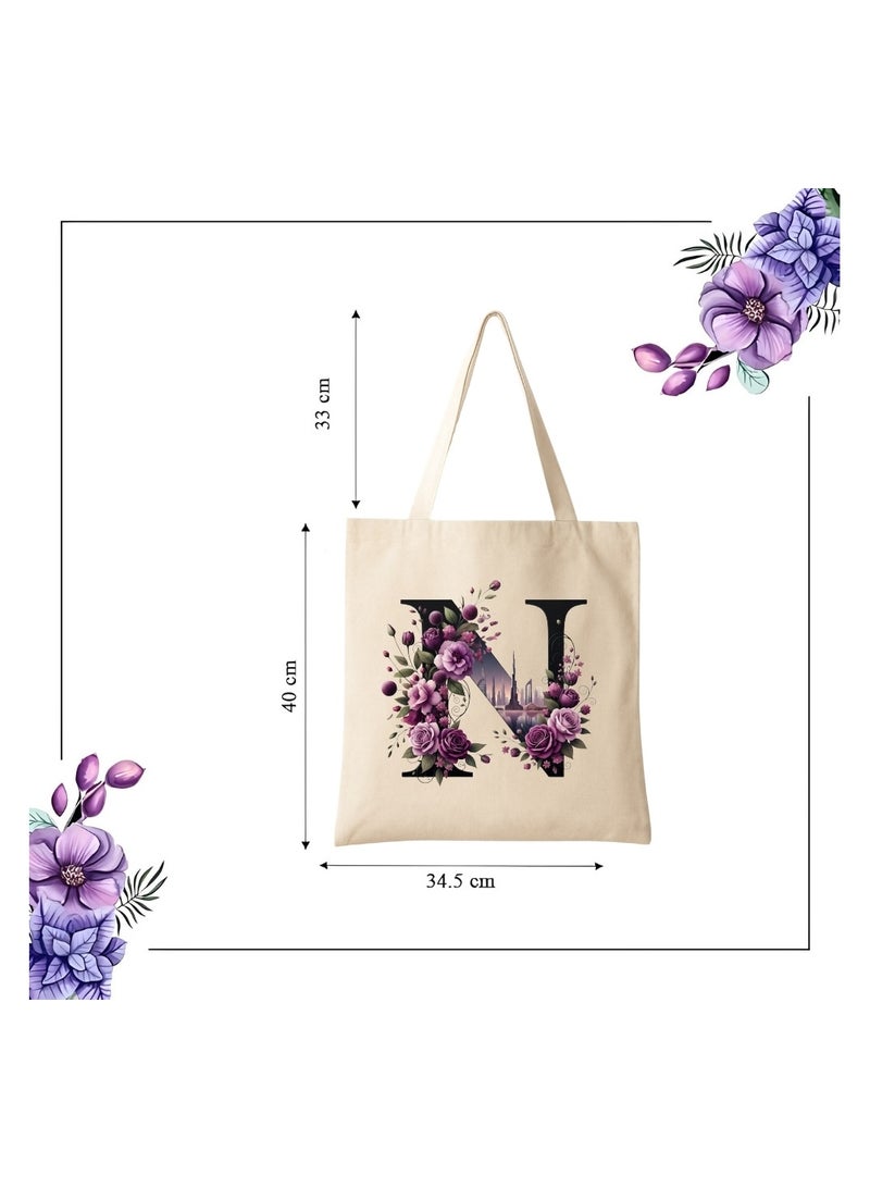برينت شوب فور مي حقيبة تسوق صديقة للبيئة بنقشة أحرف أولية - حقيبة تسوق قماشية بطبعة زهور وأفق دبي | هدية قابلة لإعادة الاستخدام لإشبينة العروس، هدايا زفاف، حقيبة حمل يومية - Image 3