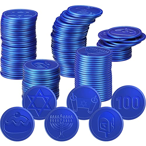 Zubebe 300 Pieces Plastic Hanukkah Gelt Coins Bulk Dreidel Menorah Star of Davids Design Coins for Hanukkah Party Favors Decorations 6 Styles for Treasure Hunt GameBlue - Image 1