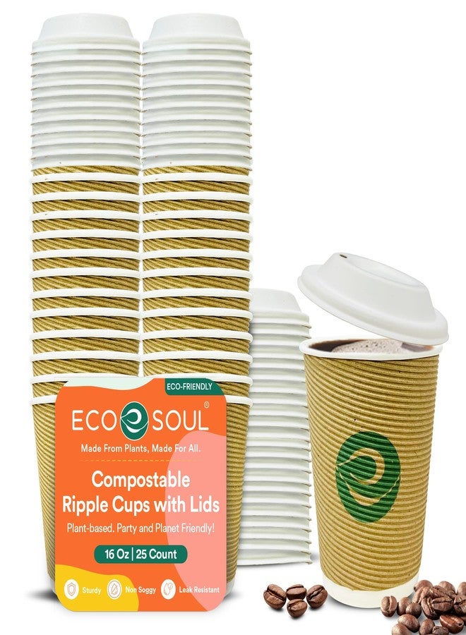 ECO SOUL 16oz Compostable Ripple Cups with Lids (25 Pack) Biodegradable Disposable Paper Cups Non-Toxic for Hot Drinks, To-Go Coffee Cups, Eco-Friendly & Ripple Cups - Image 1