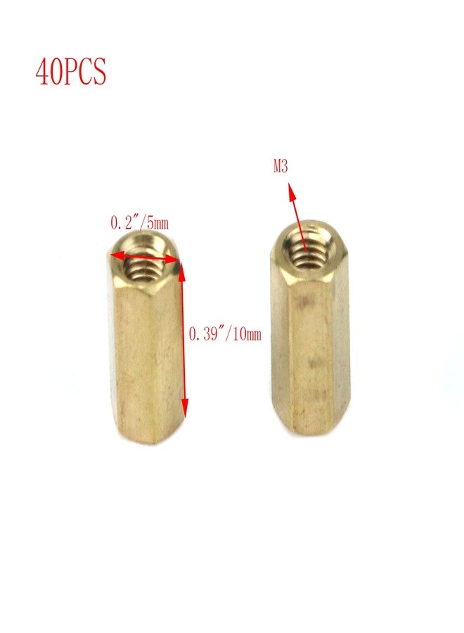 Pastlla 40 Pcs 0.39" x 0.2" M3 Hexagon Nut Brass Copper Standoff Threaded Pillar Female to Female Screw Brass Standoff Spacers, Brass - Image 2