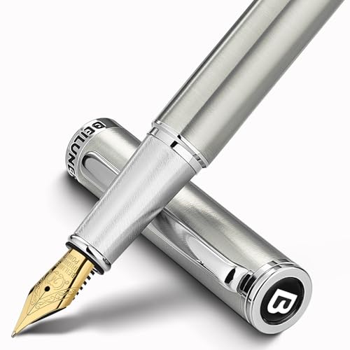 BEILUNER Luxury Fountain Pen Set Solid 24K Gilded Medium Nib Silver Stainless Steel Body Includes 6 Ink Cartridges Ink Refill Converter with Gift Case Nice pen for Men and Women - Image 1