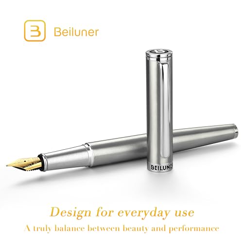 BEILUNER Luxury Fountain Pen Set Solid 24K Gilded Medium Nib Silver Stainless Steel Body Includes 6 Ink Cartridges Ink Refill Converter with Gift Case Nice pen for Men and Women - Image 3