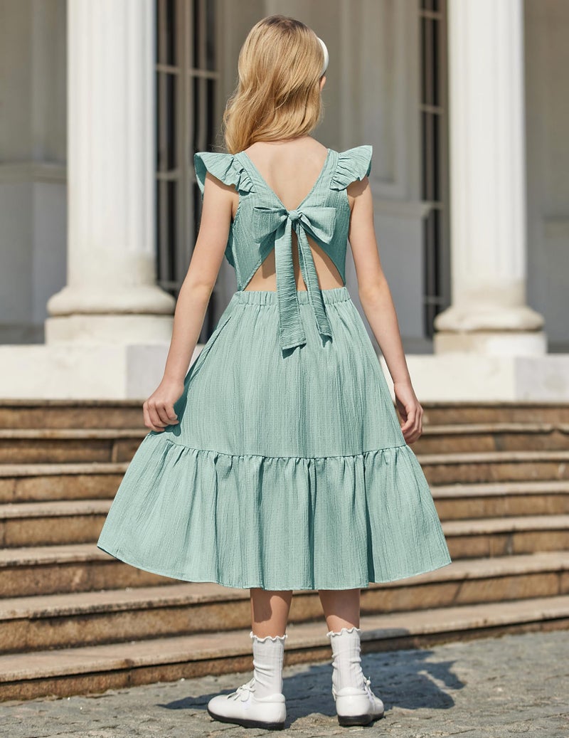 Arshiner Sage Green Dresses for Girls Easter Summer Boho Hawaiian Tie Back Square Neck Maxi Dress for 5-6Y - Image 3