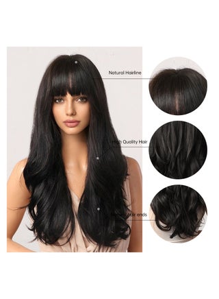 Long Wavy Wig with Bangs for Women Medium Length Curly Hair Ends Wig with Bangs for Women Synthetic Natural Heat Resistant Fiber Wig as Real Hair for Daily Wear, Party Costume, Cosplay 66CM（26inch) - view 3