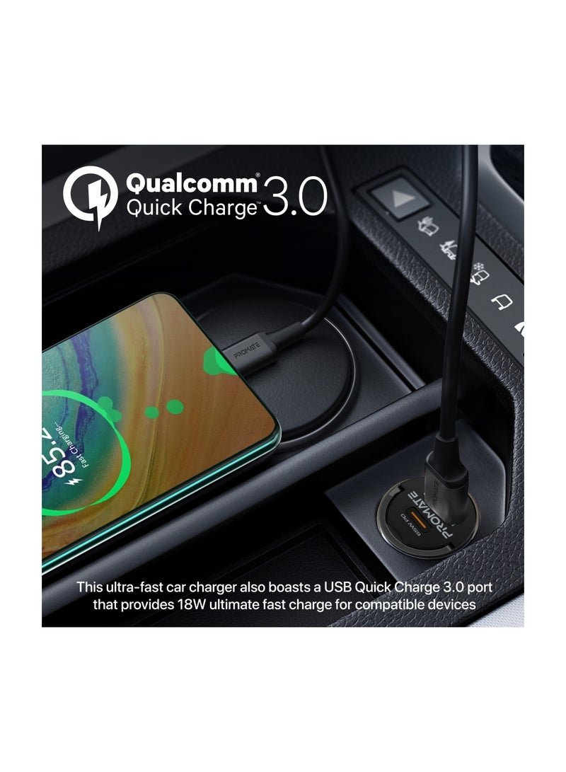 PROMATE iPhone 16 Car Charger Transparent 65W Ultra Compact Car Adapter With USB Type C Power Port Qualcomm QC 3.0 USB A Port Mini Handle And Heat Protection For iPhone 15 MacBook Pro TransDrive - Black - Image 4