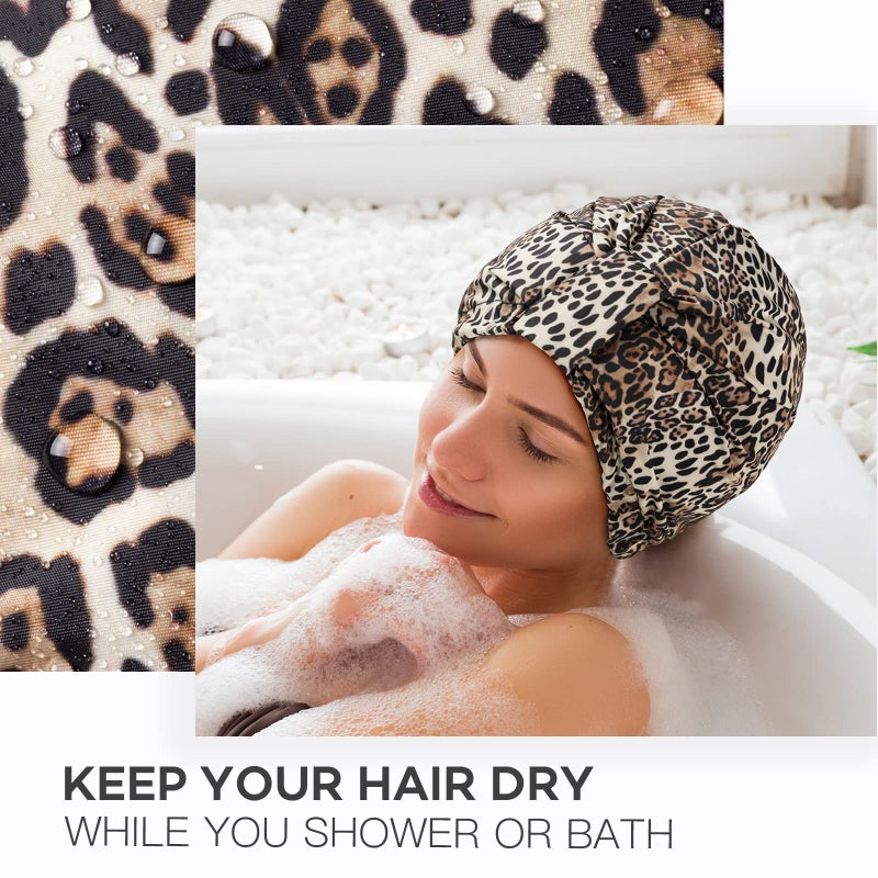 INNELO Luxury Shower Cap for Women Reusable Waterproof, Double Layered Shower Hair Cap with Adjustable Elastic Strap, Large Satin Lined Shower Bath Cap for Long Curly Straight Hair, Leopard - Image 5