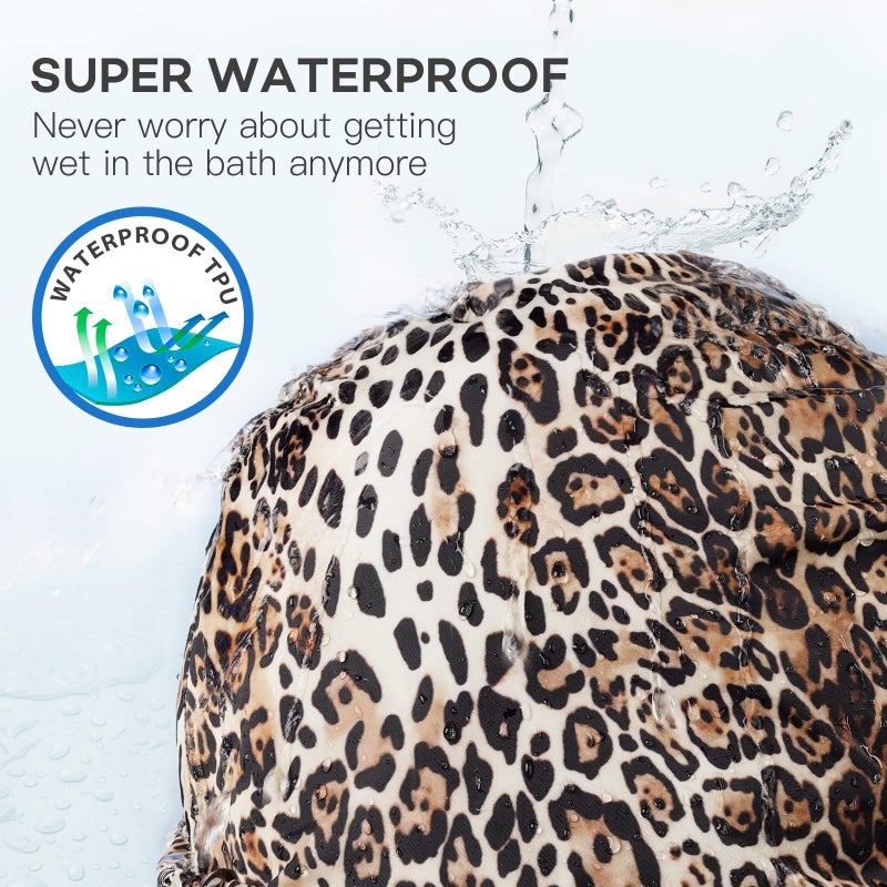 INNELO Luxury Shower Cap for Women Reusable Waterproof, Double Layered Shower Hair Cap with Adjustable Elastic Strap, Large Satin Lined Shower Bath Cap for Long Curly Straight Hair, Leopard - Image 2