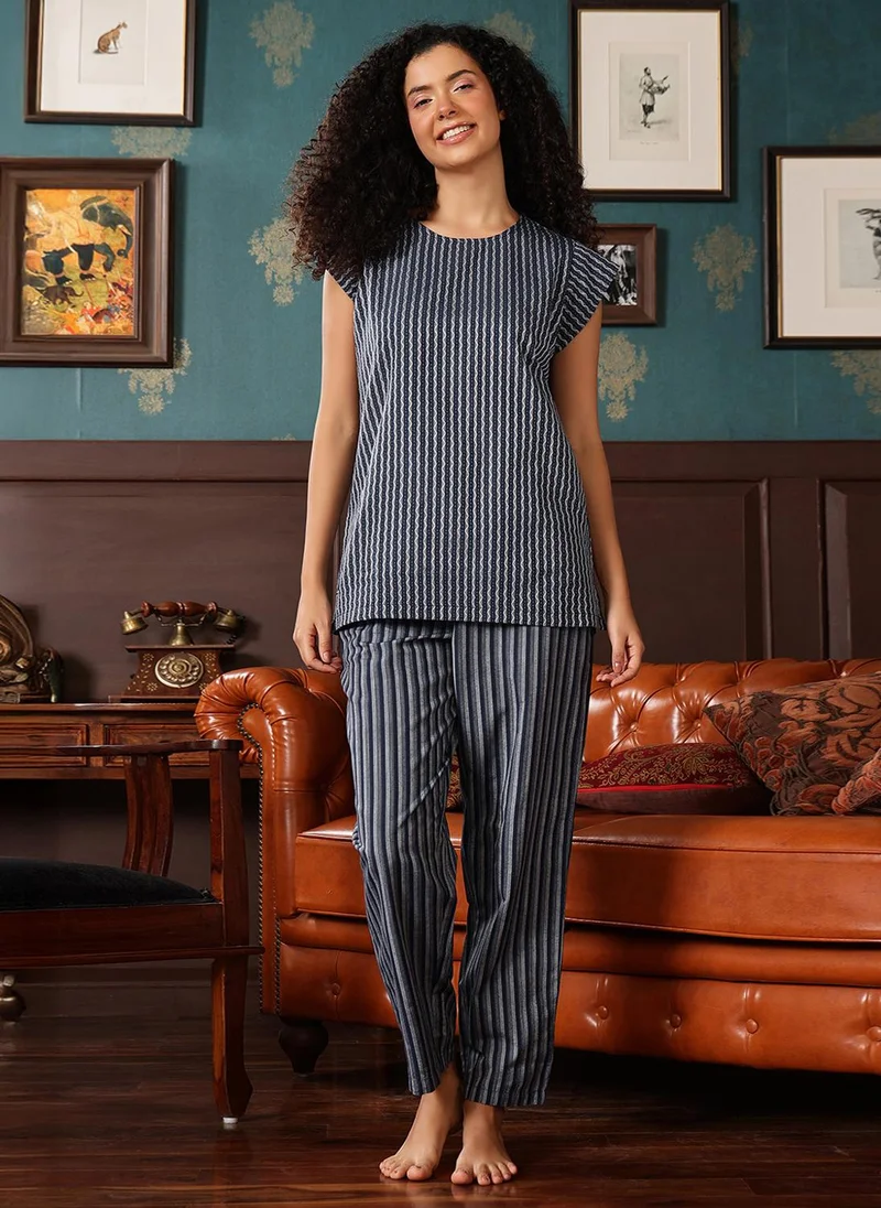 كلوفيا Clovia Printed Kurta Top & Pyjama Set in Navy Colour - Cotton