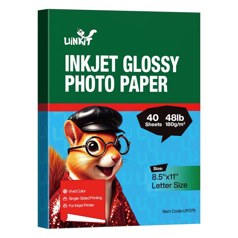 Uinkit 40 Sheets Bright White Single Sided Glossy Photo Paper 8.5X11 Letter Size 180Gsm 48Lb Instant Dry Dye Inkjet Paper  Smudge Resistant Professional Printing Papers For Home/Office Trial Use - Image 1