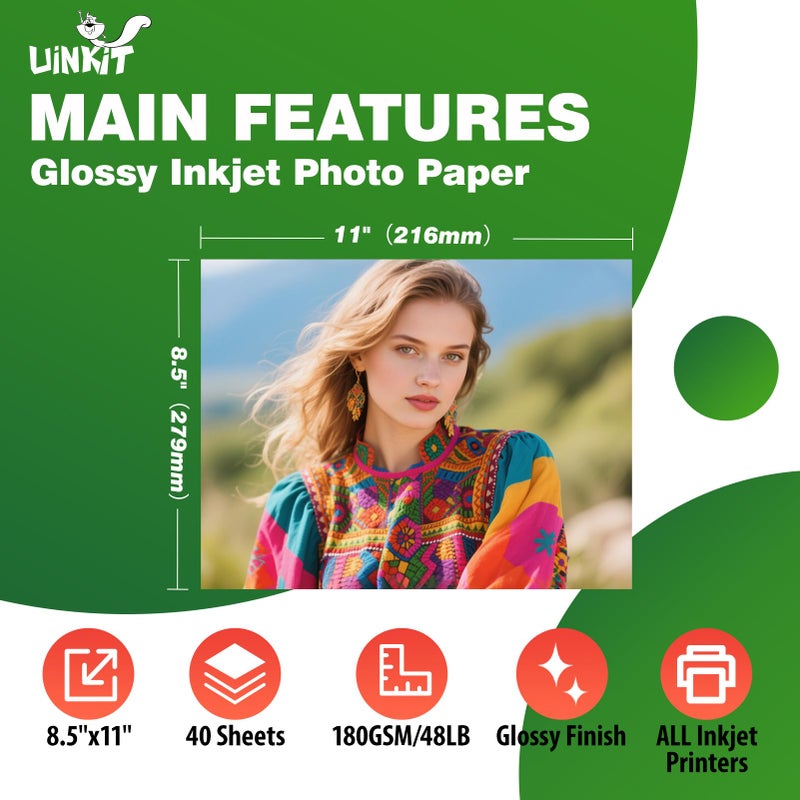 Uinkit 40 Sheets Bright White Single Sided Glossy Photo Paper 8.5X11 Letter Size 180Gsm 48Lb Instant Dry Dye Inkjet Paper  Smudge Resistant Professional Printing Papers For Home/Office Trial Use - Image 2