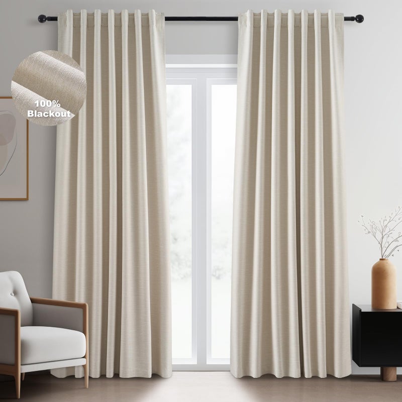 Topfinel Blackout Curtains for Bedroom 96 Inch Long, Beige Tan Boho Energy Efficient Insulated Floor to Ceiling Track Curtains Tab Top 2 Panel Set Flax Linen Cream Champagne Curtains Dining Room - Image 1