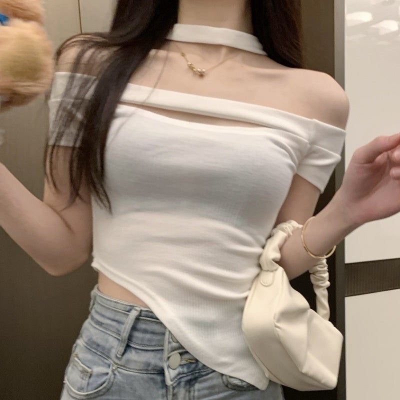 Spice Girls Pure Desire Style Pink Off-Shoulder Short T-Shirt With Hanging Neck And Hollow Off-Shoulder Women'S Irregular Knitted Tight Top - Image 3