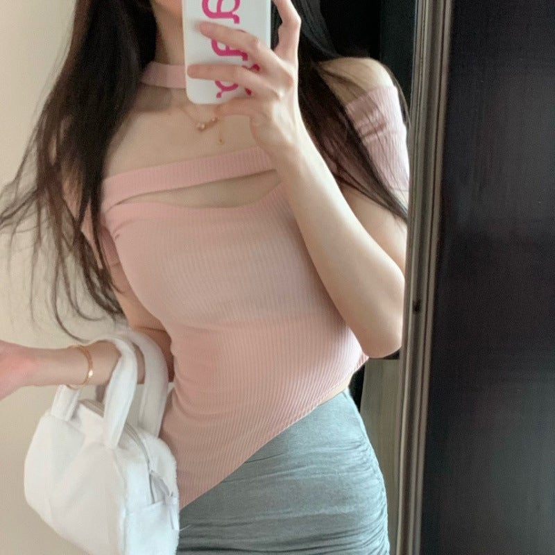 Spice Girls Pure Desire Style Pink Off-Shoulder Short T-Shirt With Hanging Neck And Hollow Off-Shoulder Women'S Irregular Knitted Tight Top - Image 2