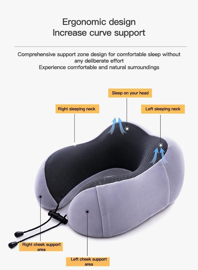 Neck Pillow Comfortable  Supportive Travel Pillow Premium Memory Foam Pain Relief Sleeping Neck Pillows for Travel Airplane Pillow for Sleeping Airplane Car Office and Home Grey(With Earplugs + Eye - Image 3