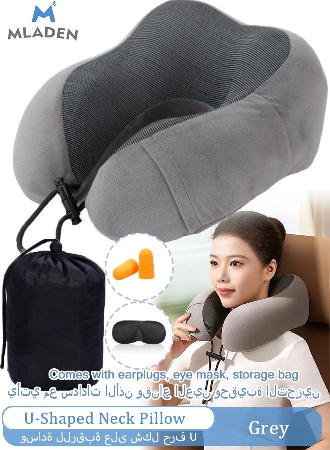 Neck Pillow Comfortable  Supportive Travel Pillow Premium Memory Foam Pain Relief Sleeping Neck Pillows for Travel Airplane Pillow for Sleeping Airplane Car Office and Home Grey(With Earplugs + Eye - Image 1