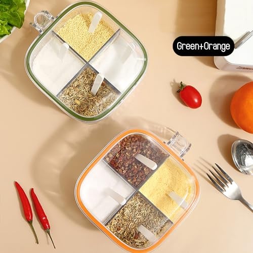 TOMATUS® Seasoning Box with Lid and Spoon, 4 Compartment Spice Pots with Handle, Home Kitchen Condiment Jars, Plastic Seasoning Container Set for Sugar Salt Pepper, Pack Of 1, Orange - Image 2