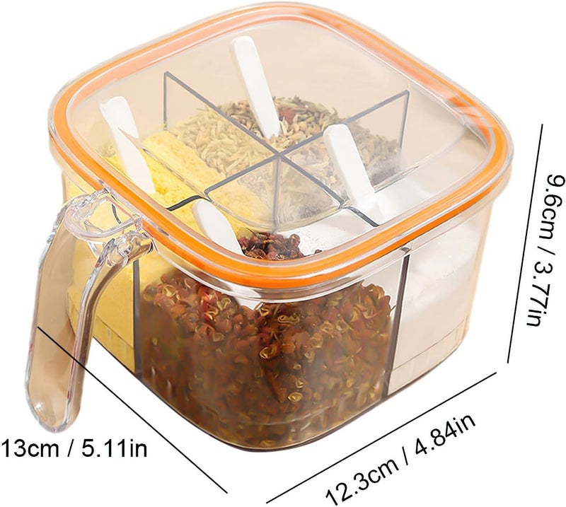 TOMATUS® Seasoning Box with Lid and Spoon, 4 Compartment Spice Pots with Handle, Home Kitchen Condiment Jars, Plastic Seasoning Container Set for Sugar Salt Pepper, Pack Of 1, Orange - Image 4