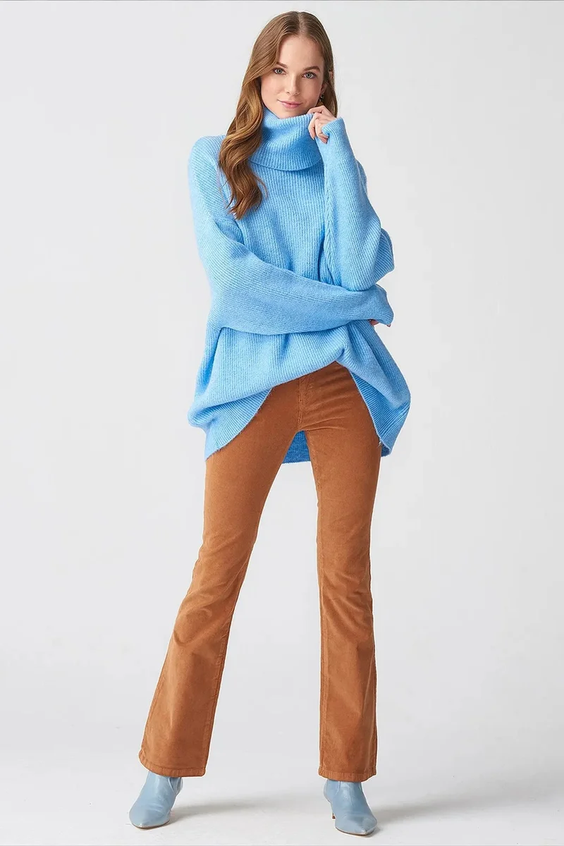 Dilvin Baby Blue DILVIN Oversized Ribbed Turtleneck Sweater for Women | Best Price UAE
