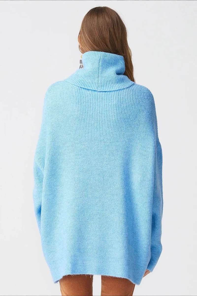 Dilvin Baby Blue DILVIN Oversized Ribbed Turtleneck Sweater for Women | Best Price UAE