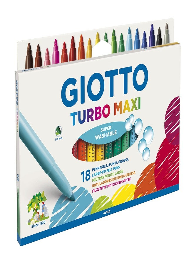 GIOTTO Turbo Maxi Super Washable Felt Tip Fibre Pens, Large Tip Nib 5mm, 18 Assorted Colours, Ideal for Children, Parties and Schools - Image 1