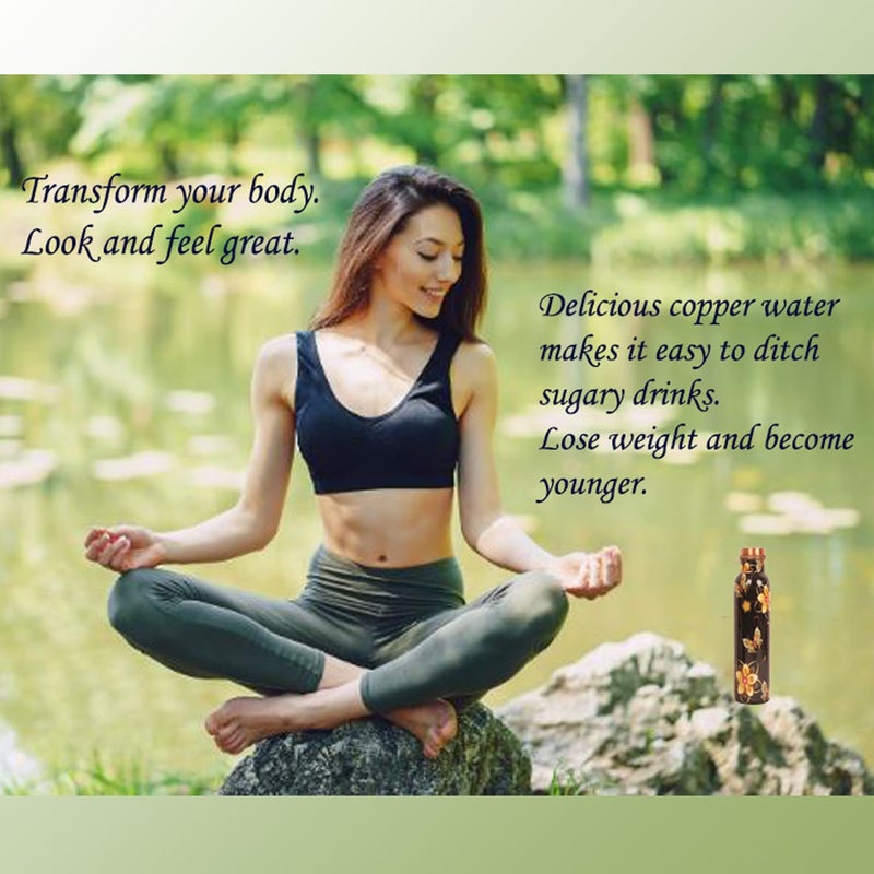 INDTRESOR Pure Copper Water Bottle - Handcrafted - Ayurveda Health Benefits - 33 OZ - Leak proof - Easy to carry for Sports, Fitness, Yoga, School - Jet Black Matte Finish Vintage Enamel. - Image 2