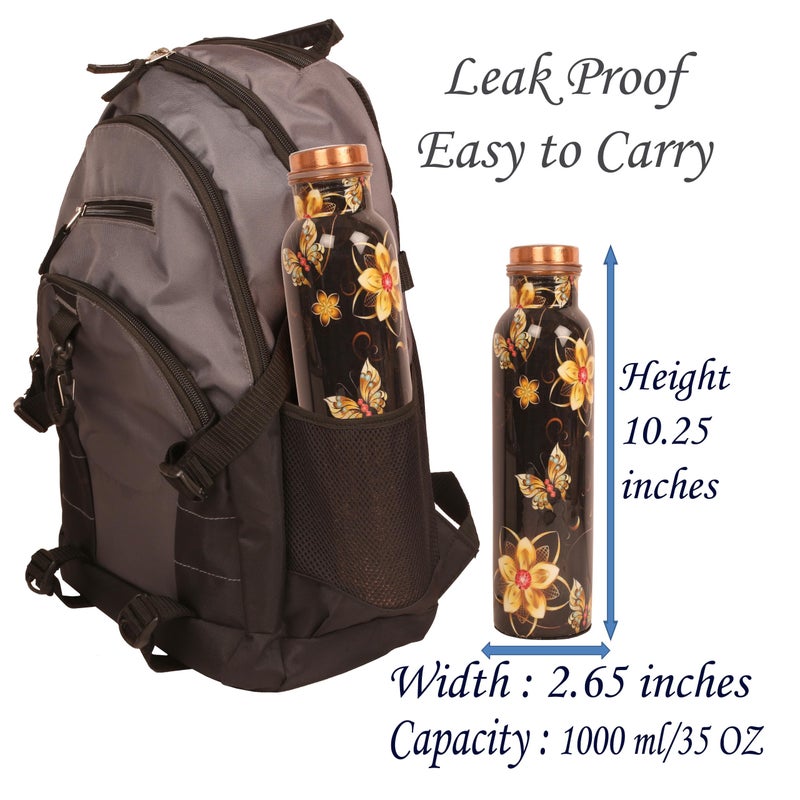 INDTRESOR Pure Copper Water Bottle - Handcrafted - Ayurveda Health Benefits - 33 OZ - Leak proof - Easy to carry for Sports, Fitness, Yoga, School - Jet Black Matte Finish Vintage Enamel. - Image 4
