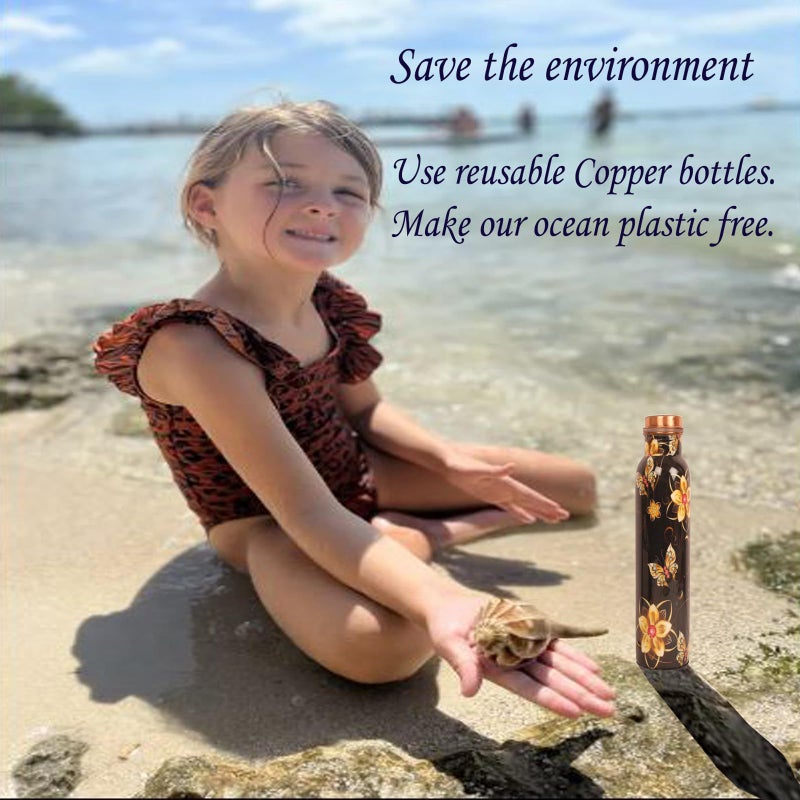 INDTRESOR Pure Copper Water Bottle - Handcrafted - Ayurveda Health Benefits - 33 OZ - Leak proof - Easy to carry for Sports, Fitness, Yoga, School - Jet Black Matte Finish Vintage Enamel. - Image 3