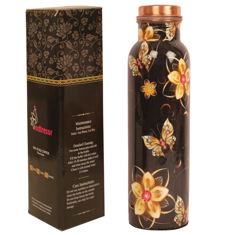 INDTRESOR Pure Copper Water Bottle - Handcrafted - Ayurveda Health Benefits - 33 OZ - Leak proof - Easy to carry for Sports, Fitness, Yoga, School - Jet Black Matte Finish Vintage Enamel. - Image 1