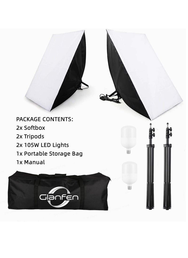 Glanfen - Photography SoftBox Lighting Kit with 2 Pcs 105W White Bulb and SoftBox, Carry Bag for Portrait Product Shooting - Image 1