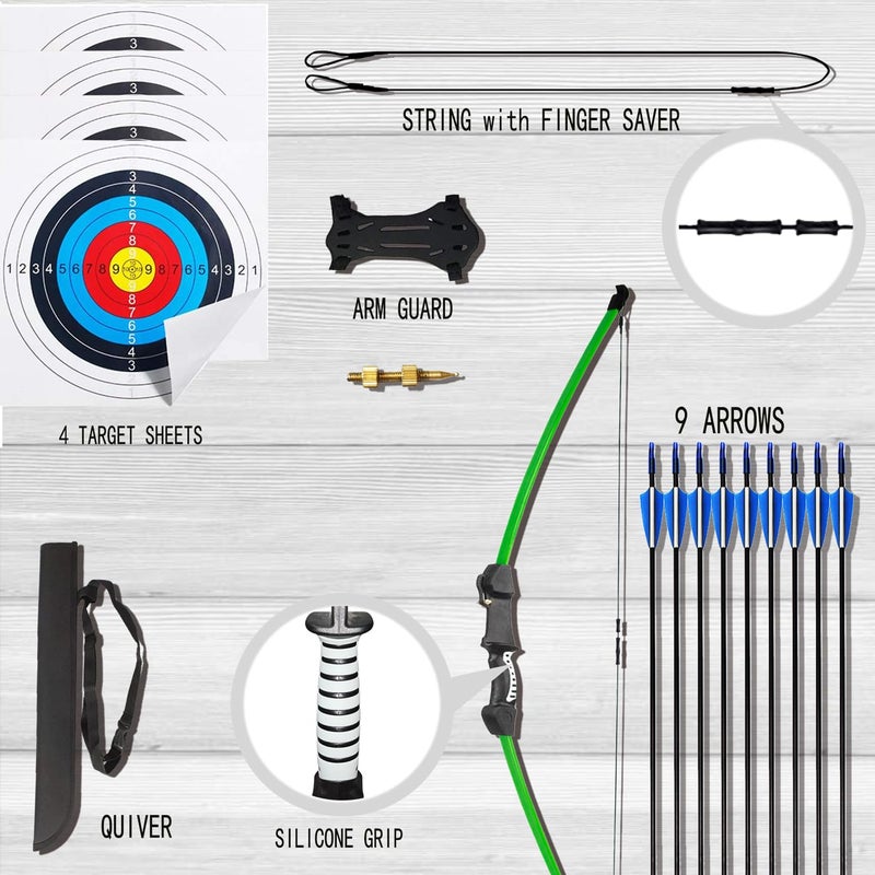 Mxessua 45" Youth Bow and Arrows Set for Kids 8-12 Teens Recurve Archery Beginner Gift Longbow Kit 9 Arrows, 4 Target Face for Backyard Game Age 12-14 14-16 Green - Image 3
