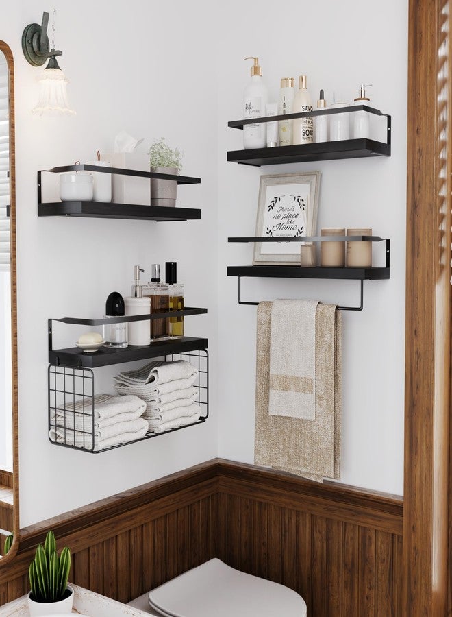 LUDORU Black Wood Floating Shelves Wall Mounted - 3+1 Tier Rustic Bathroom Wall Shelves Over Toilet with Wire Storage Basket and Towel Bar, set of 4 Farmhouse Floating Shelf for Bathroom, Kitchen, Bedroom. - Image 3