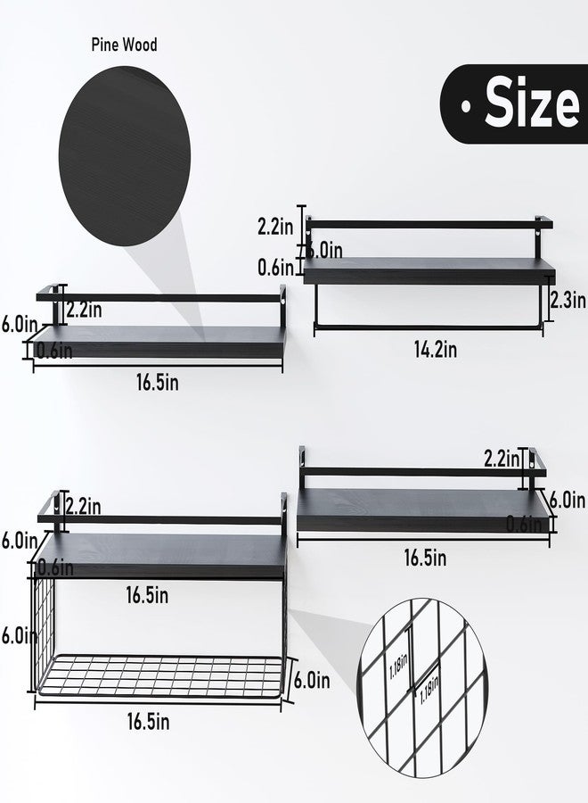 LUDORU Black Wood Floating Shelves Wall Mounted - 3+1 Tier Rustic Bathroom Wall Shelves Over Toilet with Wire Storage Basket and Towel Bar, set of 4 Farmhouse Floating Shelf for Bathroom, Kitchen, Bedroom. - Image 2