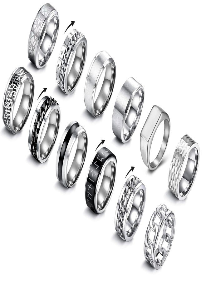 EIELO 12Pcs Mens Stainless Steel Rings Cool Silvery Black Band Ring for Men Women Spinner Chain Fidget Ring Simple Wedding Engagement Ring Set Size9 - Image 1