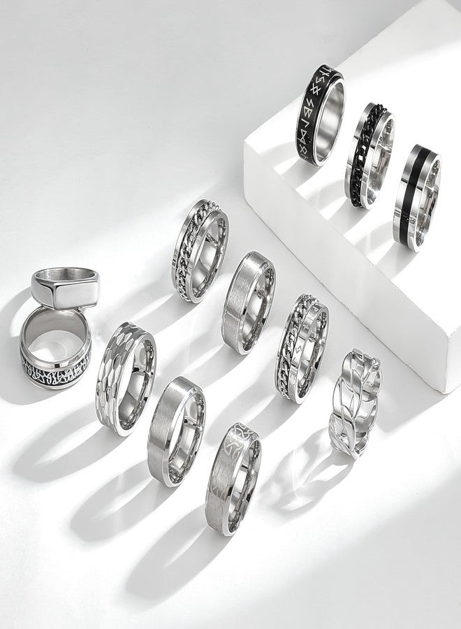 EIELO 12Pcs Mens Stainless Steel Rings Cool Silvery Black Band Ring for Men Women Spinner Chain Fidget Ring Simple Wedding Engagement Ring Set Size9 - Image 3