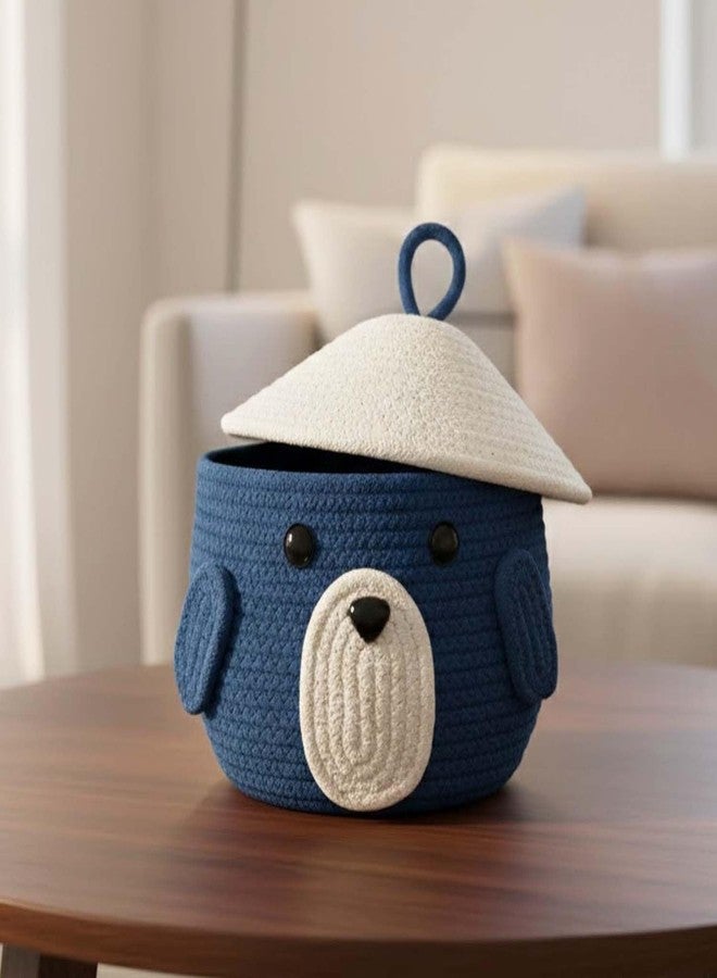 BIANCO Cute Animal Face Rope Storage Basket with Lid for Kids | Premium Royal Blue Cotton Rope Nursery Organizer for Toys, Baby Essentials, Bathroom & Home Décor | Soft & Durable Handcrafted Basket - Image 1