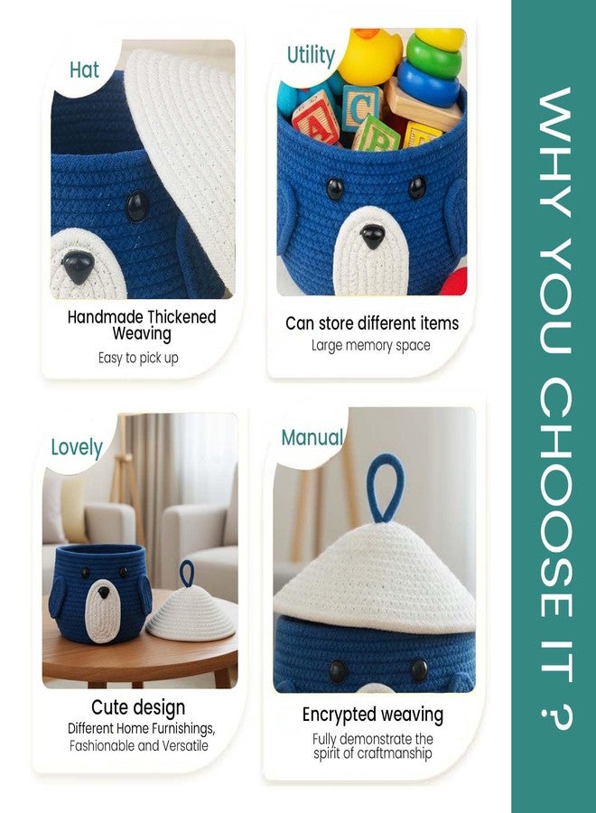 BIANCO Cute Animal Face Rope Storage Basket with Lid for Kids | Premium Royal Blue Cotton Rope Nursery Organizer for Toys, Baby Essentials, Bathroom & Home Décor | Soft & Durable Handcrafted Basket - Image 3