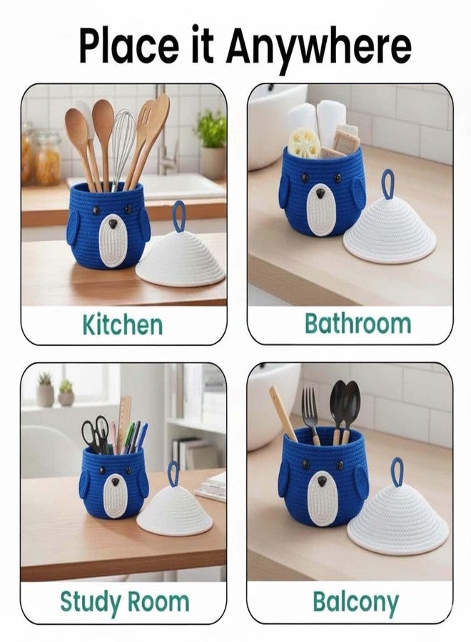 BIANCO Cute Animal Face Rope Storage Basket with Lid for Kids | Premium Royal Blue Cotton Rope Nursery Organizer for Toys, Baby Essentials, Bathroom & Home Décor | Soft & Durable Handcrafted Basket - Image 4